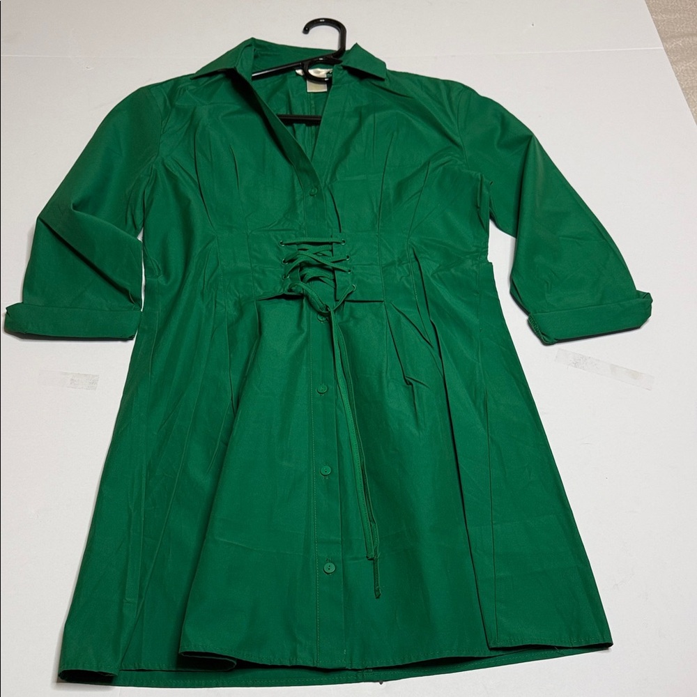 Green Button-Up Dress with Tie Waist